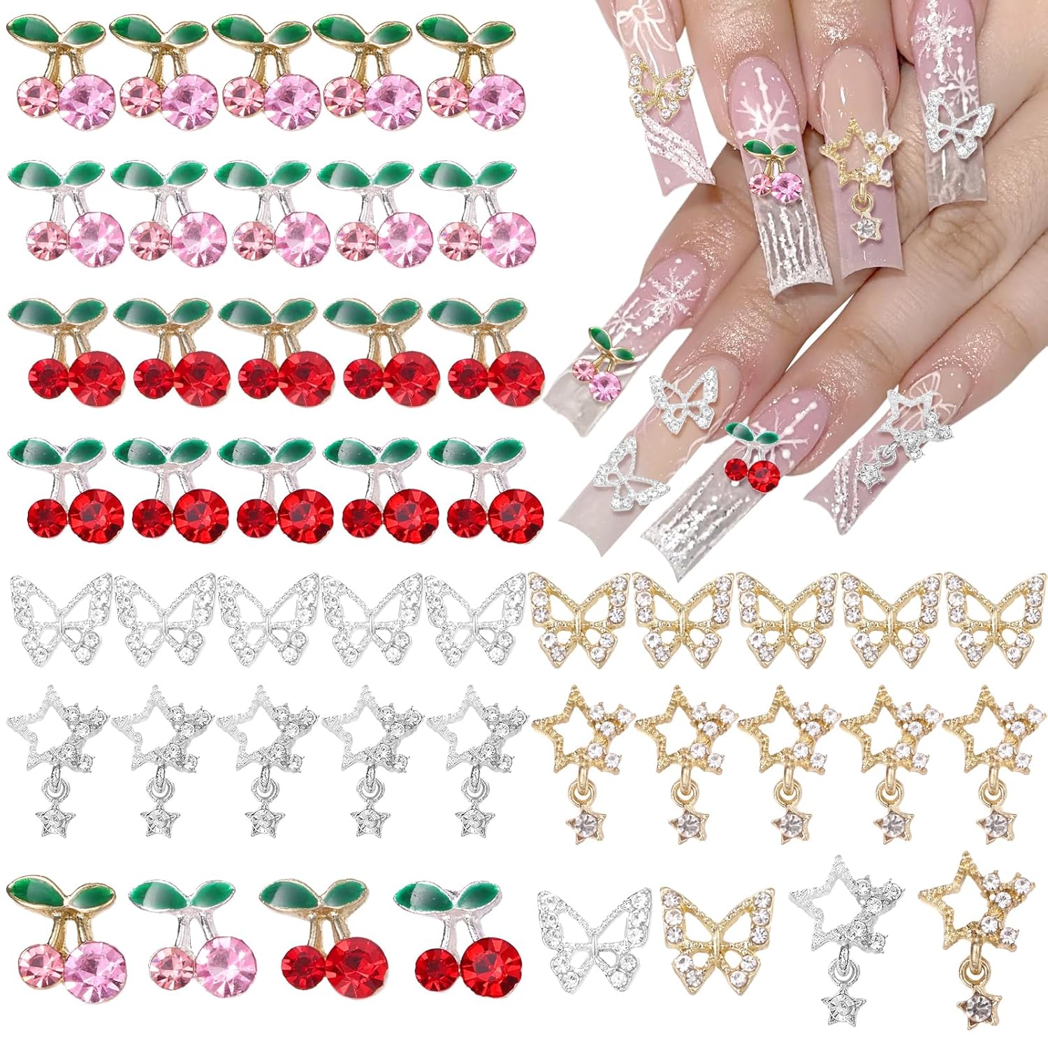 Nail Art Valentines Day - 40個 合金ネイルジェムチャーム シルバーゴールド 3Dバタフライダングルスターネイルラインストーンチャーム ピンクレッドチェリー シャイニーダイヤモンド