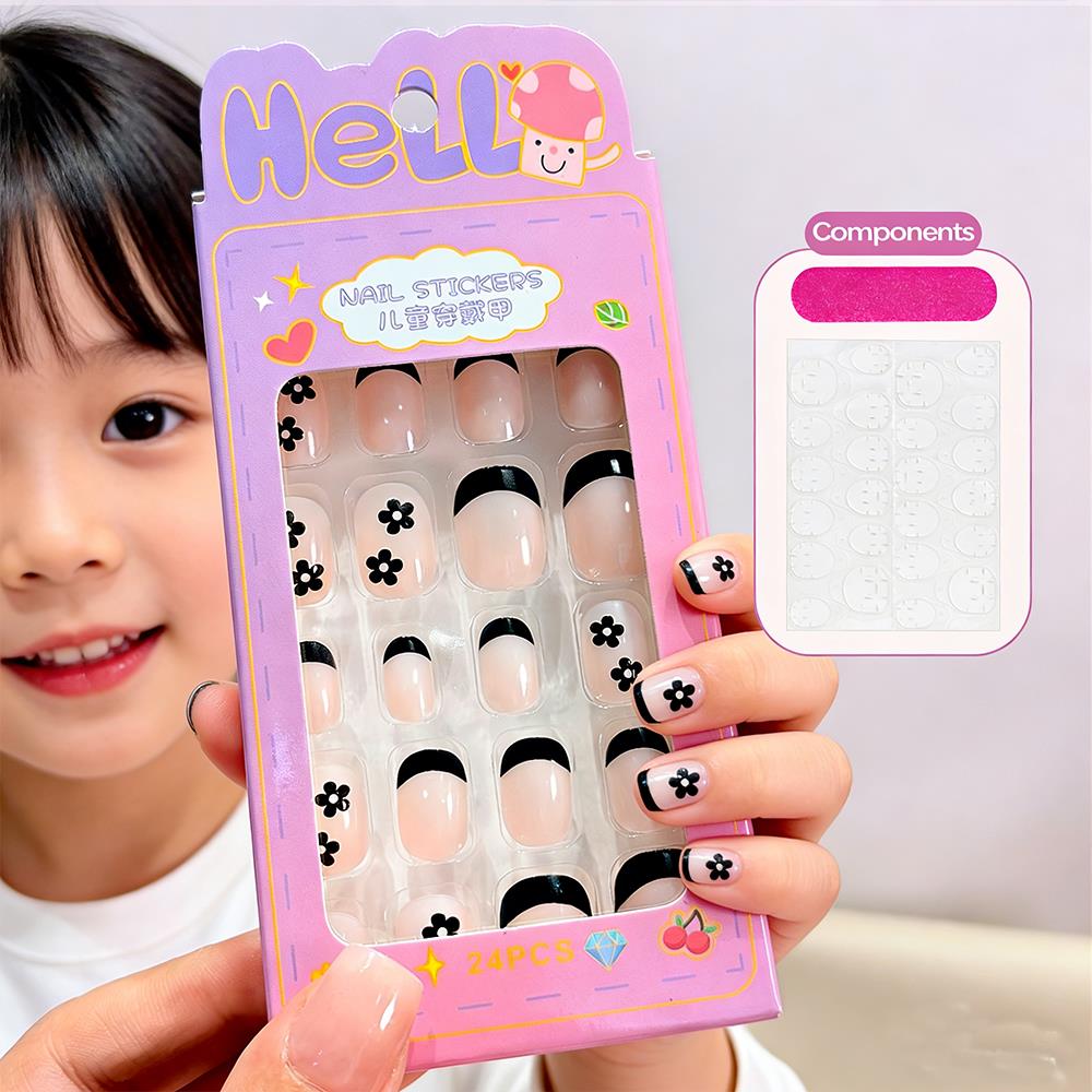 Nail Art Press On - 24枚入り/箱 漫画柄 キッズ用プレスオンネイル ブラックフラワー フレンチチップ つけ爪