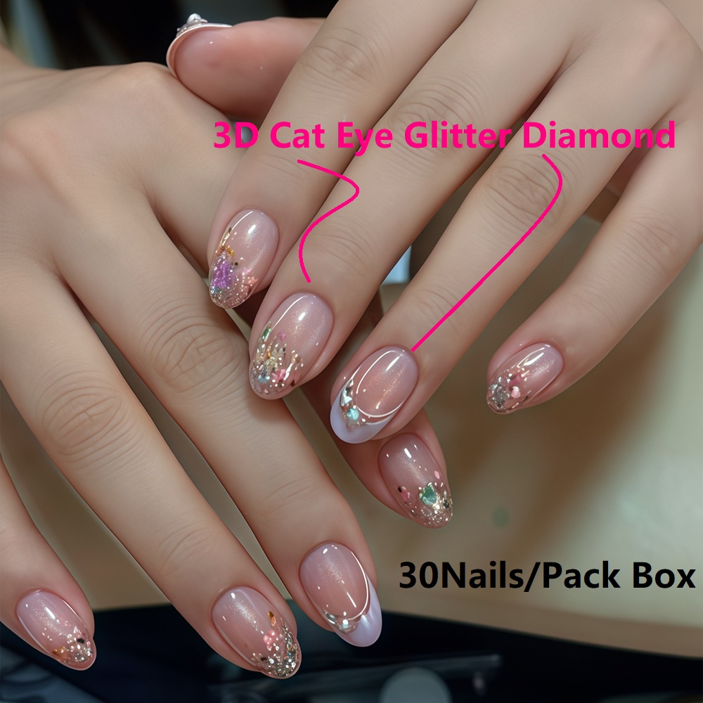 Nail Art Pink - キャットアイフレンチマニキュアチップアート3Dアクリルつけ爪ヌードピンクアーモンドミディアムプレスオンフェイクネイルグリッターウェアラブルアクリルネイル