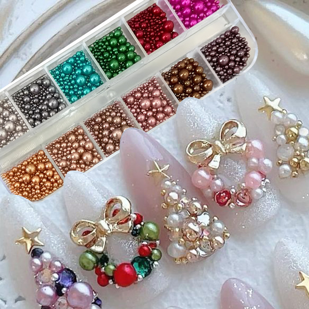 Nail Art Valentines Day - 12色ミックスサイズネイルパールラインストーン、マニキュアDIYクリスマスパール、グリーンレッドゴールドネイルビーズ、ネイルデコレーションパーツ