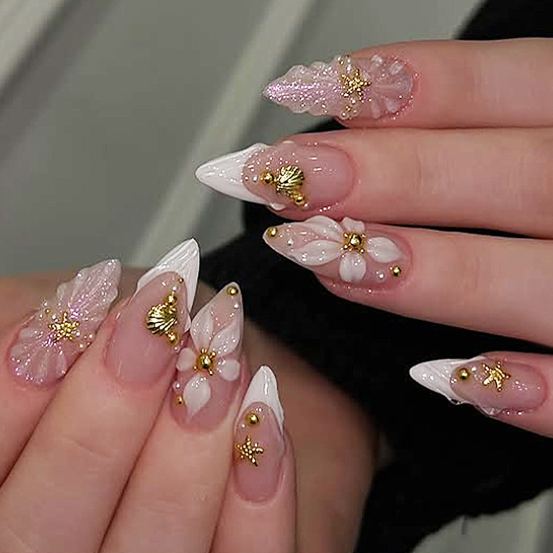 Nail Art Pink - 24枚入り完成品アーモンド型プレスオンネイルアート、再利用可能なスイートフラワーピンクロングフェイクネイルセット、シェルパールデザインのフェイクネイルチップ付き