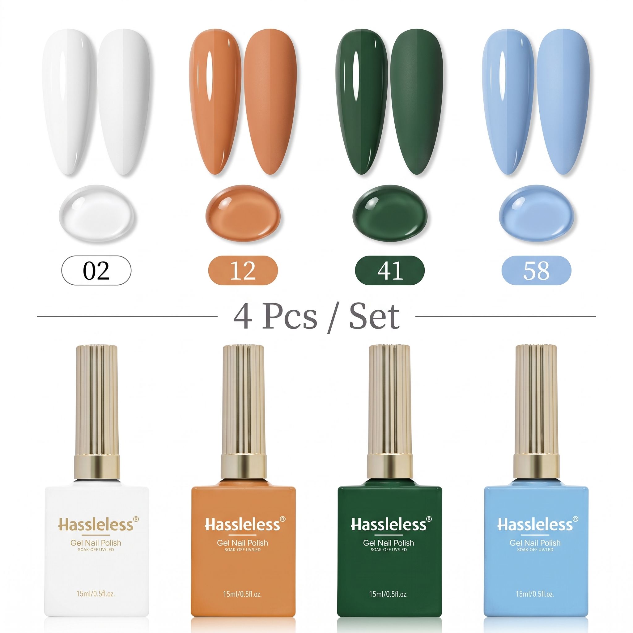 Nail Art Orange - 手軽に使える4色のネイルポリッシュジェルセット。15ml入り。UV硬化タイプ。白、オレンジ、濃緑、ライトブルーの単色。長持ちし、耐久性に優れたネイルアートDIYセット。