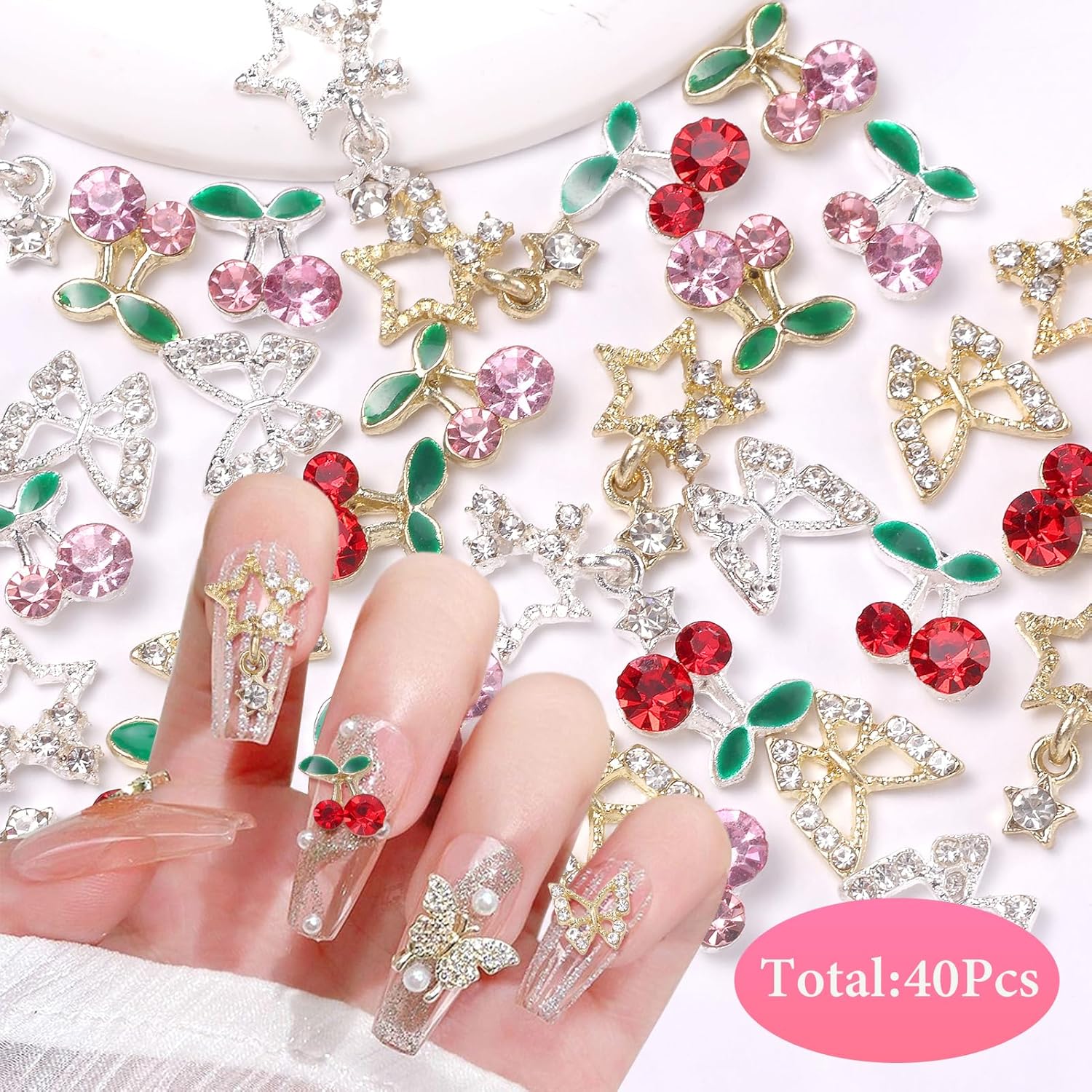 40個 合金ネイルジェムチャーム シルバーゴールド 3Dバタ - Nail Art Valentines Day のレビューと価格