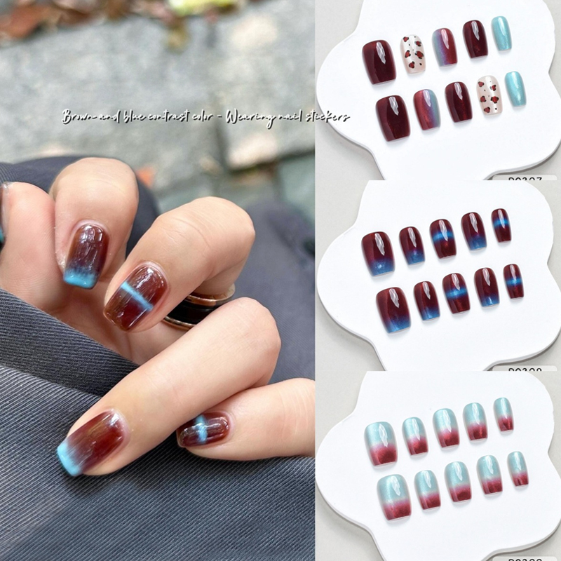 10 個秋冬新スタイルブルーブラウンコントラストカラーネイル - Nail Art Press On のレビューと価格