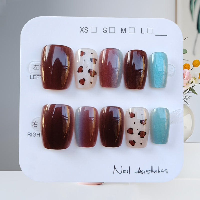 10 個秋冬新スタイルブルーブラウンコントラストカラーネイル - Nail Art Press On のレビューと価格